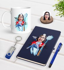 Kişiye Özel Kadın Diş Hekimi Karikatürlü Lacivert Defter Kalem Kupa 32gb USB Bellek Hediye Seti-4