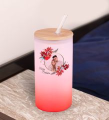 BK Gift İsimli Fotoğraflı Kırmızı Renk Pipetli Buzlu Cam Bardak 600ml - 3, Arkadaşa Hediye, Doğum Günü Hediyesi