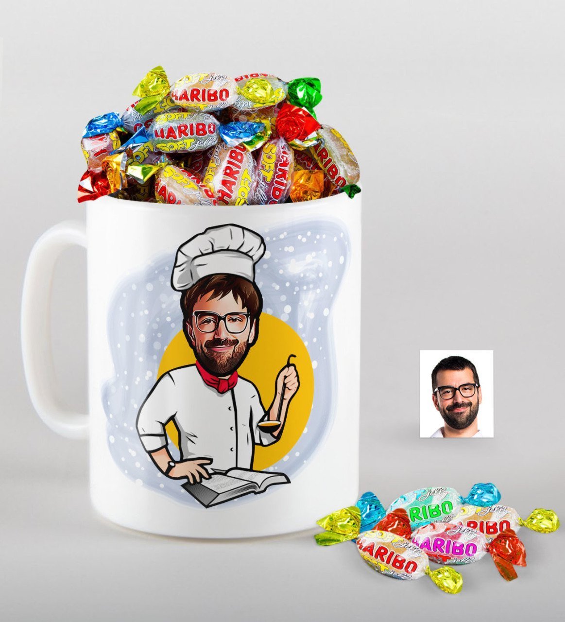 Kişiye Özel Bay Chef Karikatürlü Kupa ve Haribo Şeker Hediye Seti-12