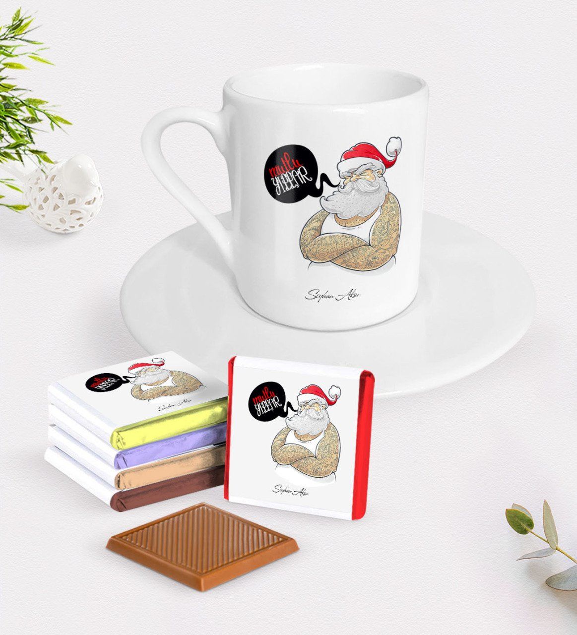 Kişiye Özel Noel Baba Türk Kahvesi Fincanı ve Çikolata Hediye Seti-4
