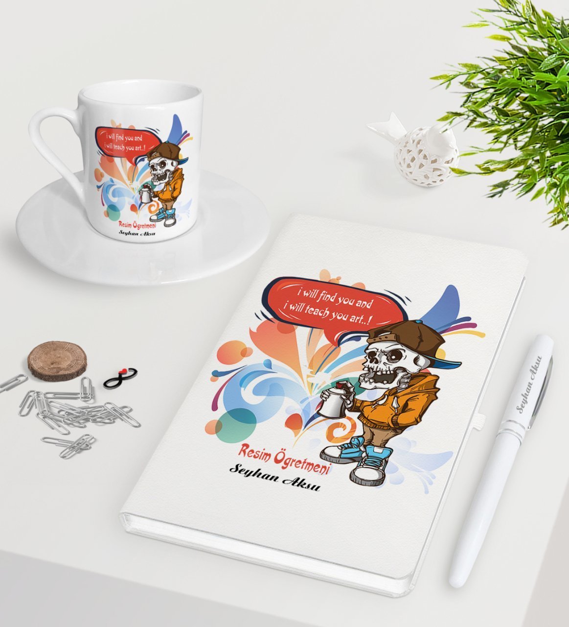 Kişiye Özel Resim Öğretmeni Beyaz Defter Kalem Türk Kahvesi Fincanı Seti-1