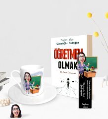 Kişiye Özel Kadın Öğretmen Karikatürlü Türk Kahvesi Fincanı Ahşap Kitap Ayracı ve Öğretmen Olmak Kitabı Hediye Seti-1
