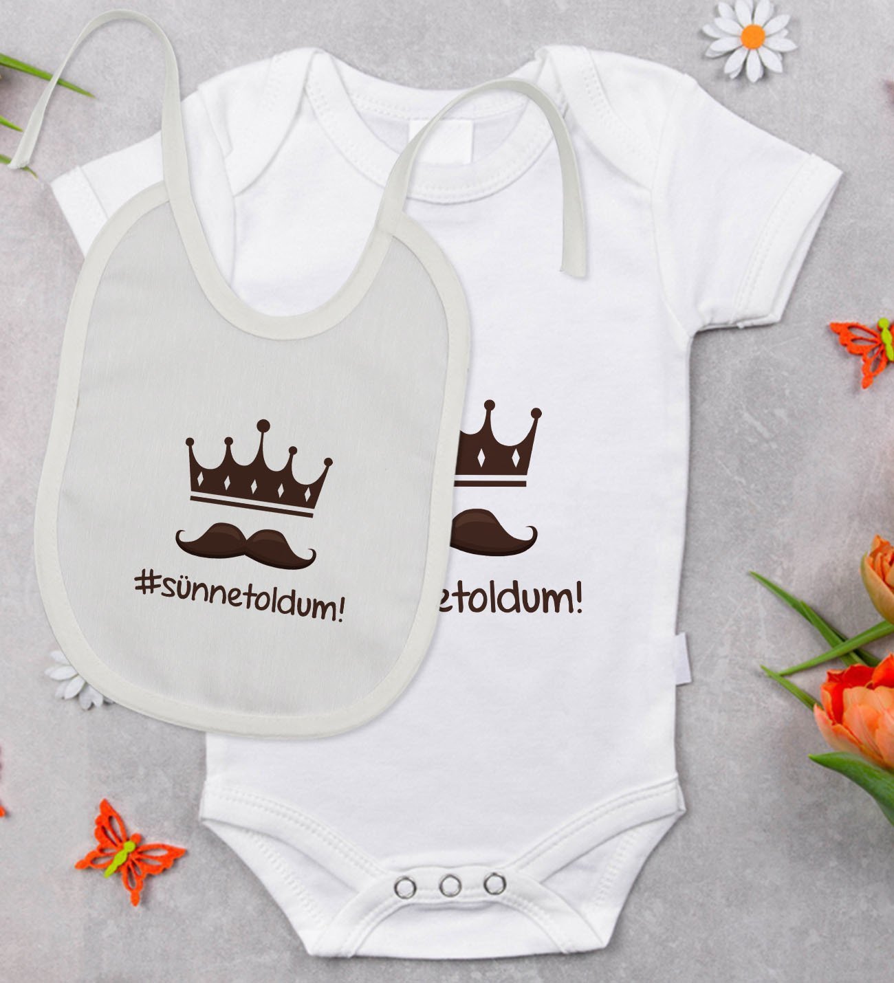 BK Kids Sünnet Oldum Tasarımlı Bebek Body Zıbın ve Mama Önlüğü Hediye Seti - Model 1