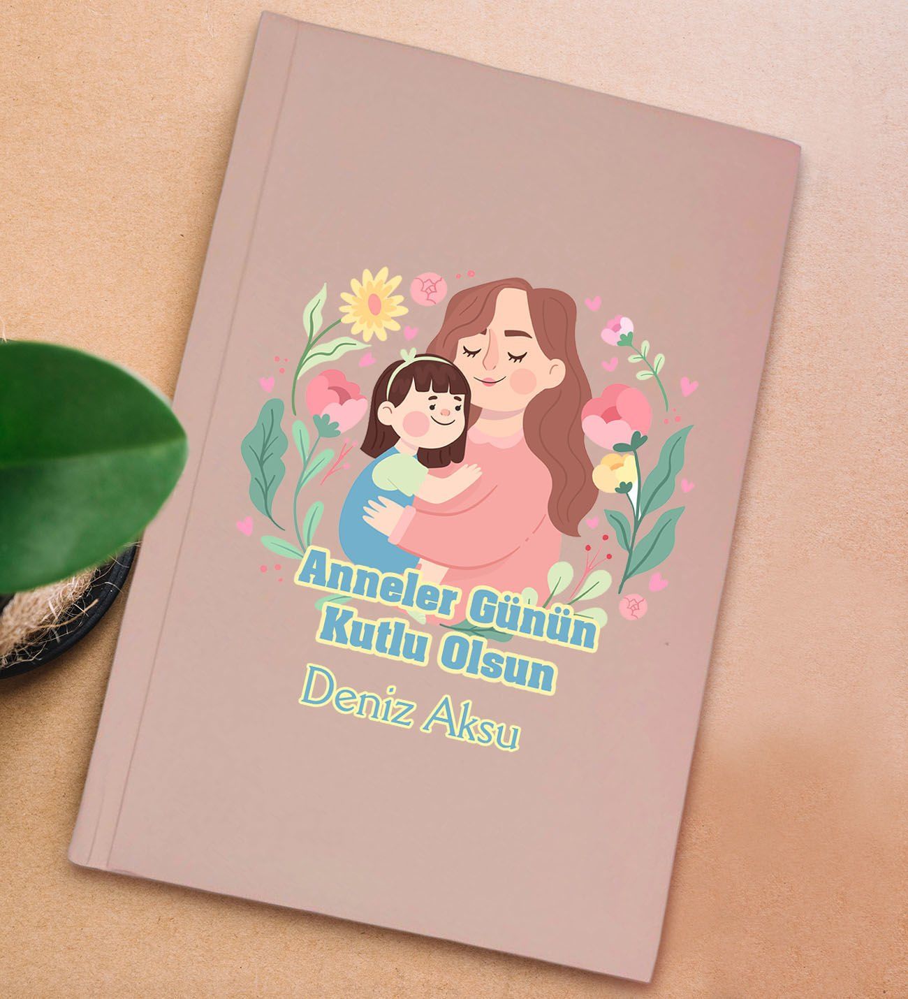 BK Gift Kişiye Özel isimli DTF Anneler Günü Tasarımlı Pembe Sert Kapaklı Defter-4, Anneye Hediye