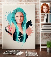 Kişiye Özel Kedili Kız Karikatürlü Kanvas Tablo 70x100cm-1