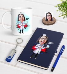 Kişiye Özel Kadın Diş Hekimi Karikatürlü Lacivert Defter Kalem Kupa 32gb USB Bellek Hediye Seti-3