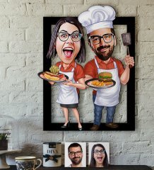 Kişiye Özel Aşçı Çift Karikatürlü 3D Ahşap Tablo
