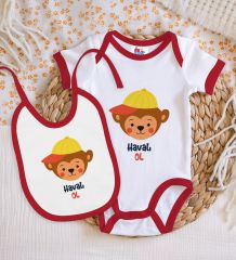 BK Kids Havalı Ol Tasarımlı Kırmızı Bebek Body Zıbın ve Mama Önlüğü Hediye Seti-1