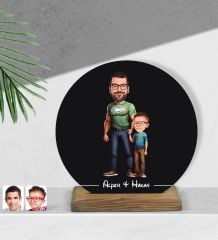 BK Gift Kişiye Özel Baba-Oğul Karikatürlü Yuvarlak Ahşap Biblo-1, Babalar Günü Hediyesi, Babaya Hediye