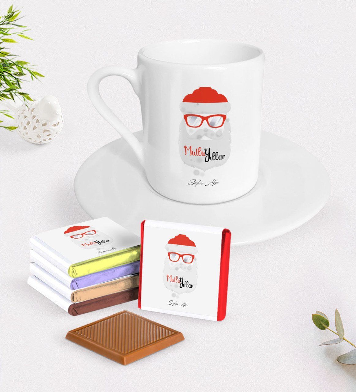 Kişiye Özel Noel Baba Türk Kahvesi Fincanı ve Çikolata Hediye Seti-2