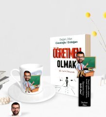 Kişiye Özel Erkek Öğretmen Karikatürlü Türk Kahvesi Fincanı Ahşap Kitap Ayracı ve Öğretmen Olmak Kitabı Hediye Seti