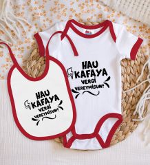 BK Kids Hau Kafaya Tasarımlı Kırmızı Bebek Body Zıbın ve Mama Önlüğü Hediye Seti-1