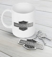 Harley Davidson Beyaz Kupa ve Ahşap Anahtarlık Seti-3