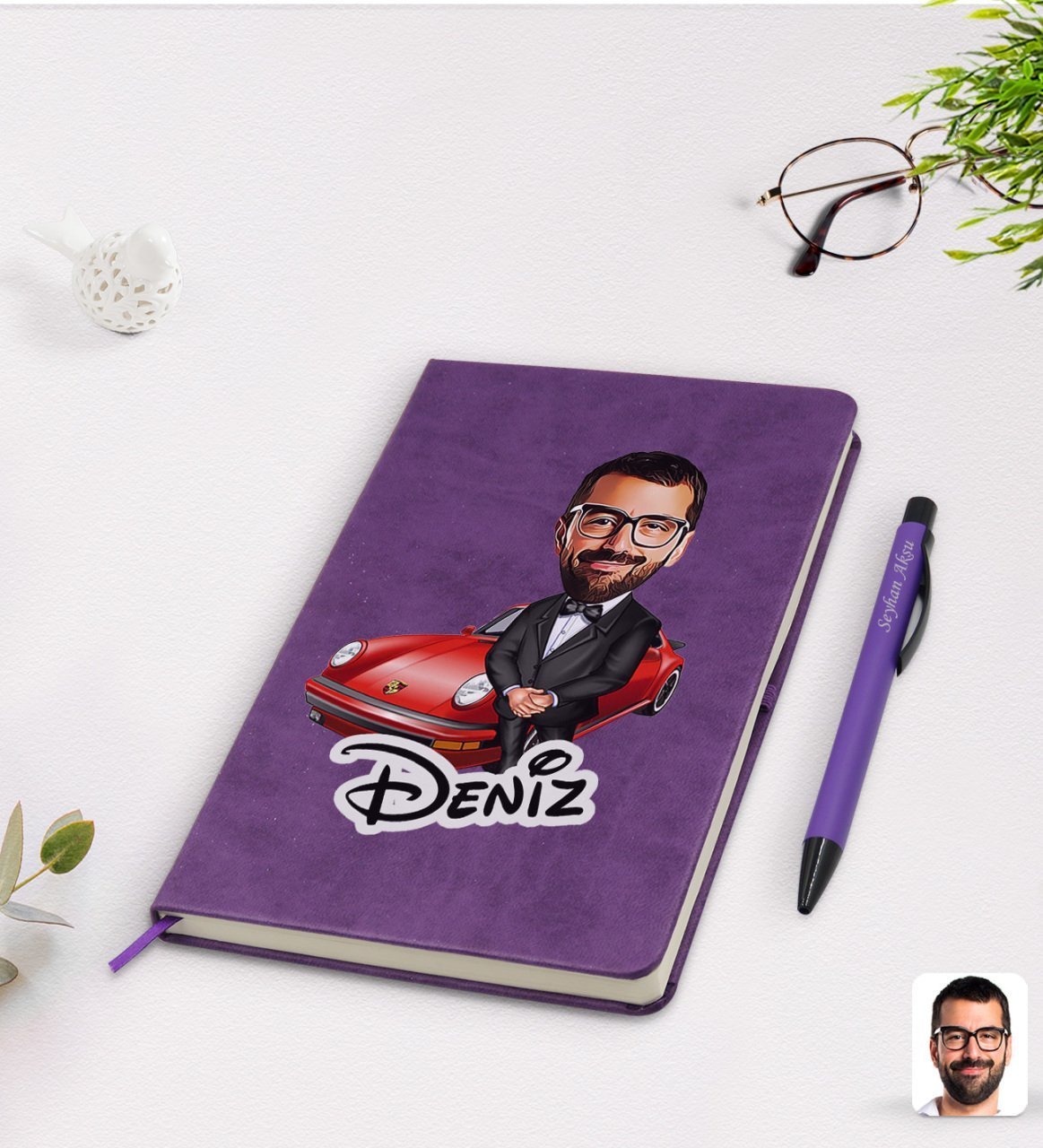 Kişiye Özel Erkek Patron Karikatürlü Mor Termo Deri Defter Kalem Seti Model 1