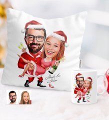 Kişiye Özel Yılbaşı Temalı Sevgililer Karikatürlü Yastık Kupa Seti - 2