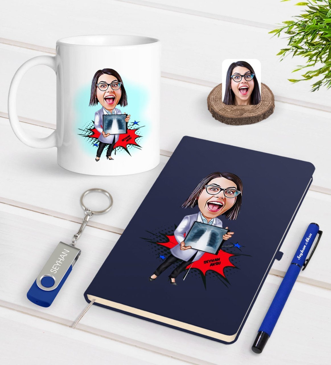 Kişiye Özel Kadın Radyolojist Karikatürlü Lacivert Defter Kalem Kupa 32gb USB Bellek Hediye Seti-1