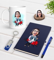 Kişiye Özel Kadın Radyolojist Karikatürlü Lacivert Defter Kalem Kupa 32gb USB Bellek Hediye Seti-1