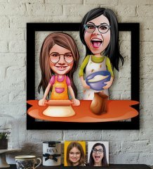Kişiye Özel Anne-Kız Karikatürlü 3D Ahşap Tablo-2