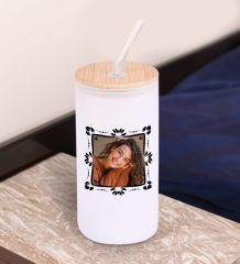 BK Gift Fotoğraflı Beyaz Renk Pipetli Buzlu Cam Bardak 600ml - 2, Arkadaşa Hediye, Doğum Günü Hediyesi
