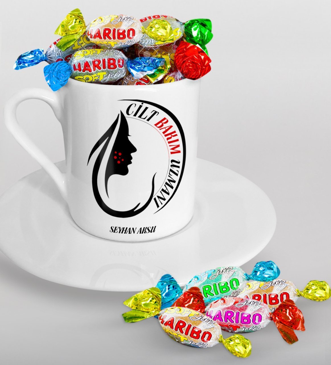 Kişiye Özel Cilt Bakım Uzmanı Türk Kahvesi Fincanı ve Haribo Şeker Hediye Seti-1