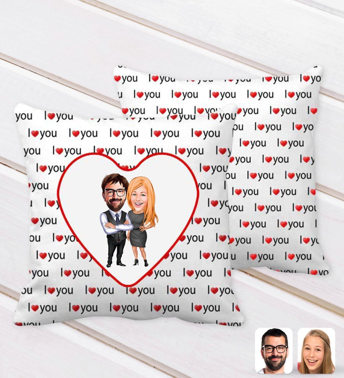 Kişiye Özel Sevgililer Karikatürlü I Love You Kalp Desenli Dekoratif Kırlent Yastık-100