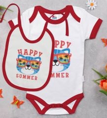 BK Kids Happy Summer Tasarımlı Kırmızı Bebek Body Zıbın ve Mama Önlüğü Hediye Seti-1