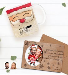 Kişiye Özel Happy New Year Kupa Bardak ve Retro Ahşap Yılbaşı Tebrik Kartı Hediye Seti-6F