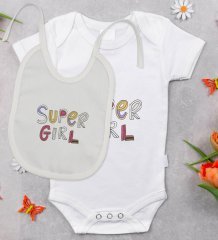 BK Kids Super Girl Tasarımlı Bebek Body Zıbın ve Mama Önlüğü Hediye Seti - Model 1