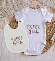 BK Kids Super Girl Tasarımlı Bebek Body Zıbın ve Mama Önlüğü Hediye Seti - Model 1