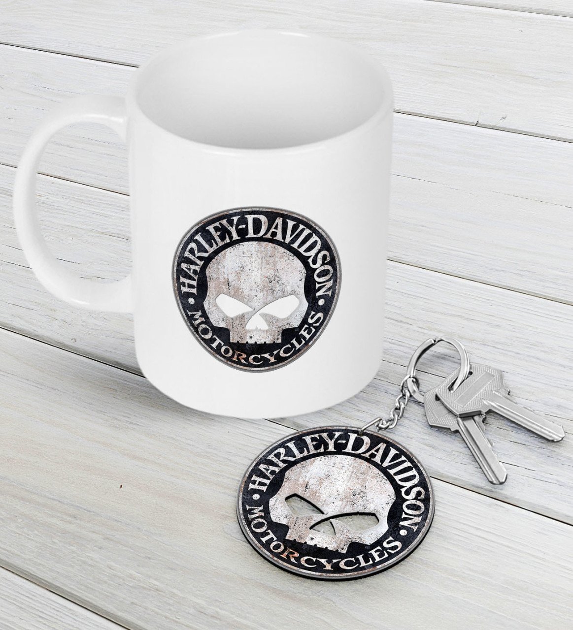 Harley Davidson Beyaz Kupa ve Ahşap Anahtarlık Seti-2