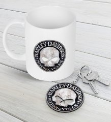 Harley Davidson Beyaz Kupa ve Ahşap Anahtarlık Seti-2