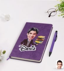 Kişiye Özel Erkek Öğretmen Karikatürlü Mor Termo Deri Defter Kalem Seti Model 1