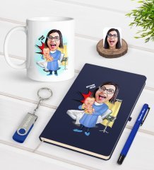 Kişiye Özel Kadın Kadın Doğum Uzmanı Karikatürlü Lacivert Defter Kalem Kupa 32gb USB Bellek Hediye Seti-1