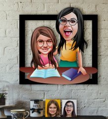 Kişiye Özel Anne-Kız Karikatürlü 3D Ahşap Tablo-1