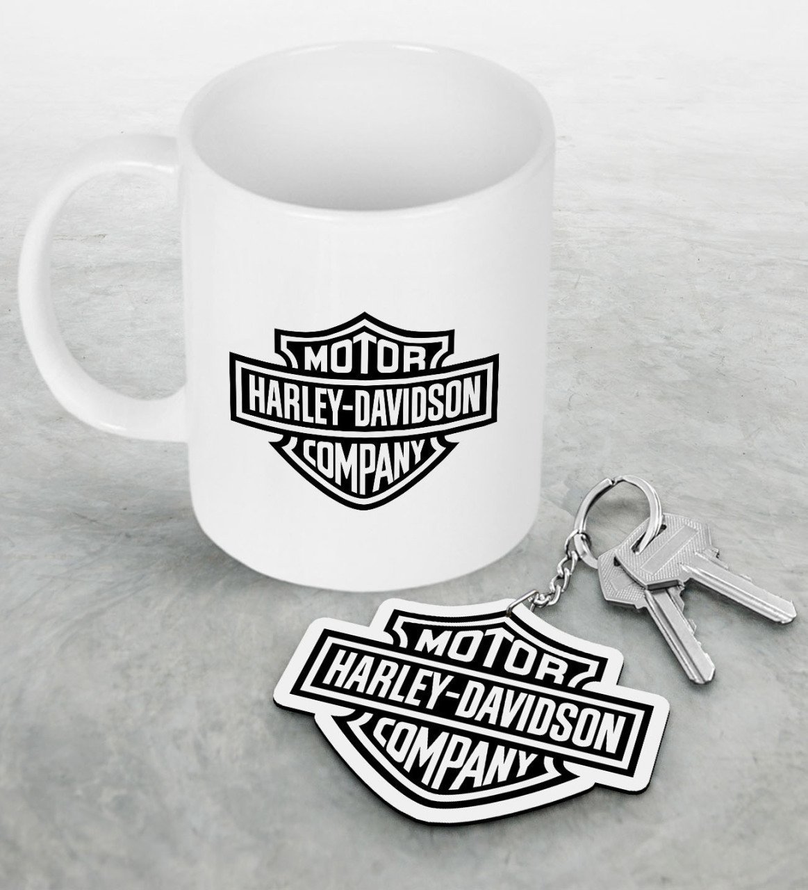 Harley Davidson Beyaz Kupa ve Ahşap Anahtarlık Seti-1