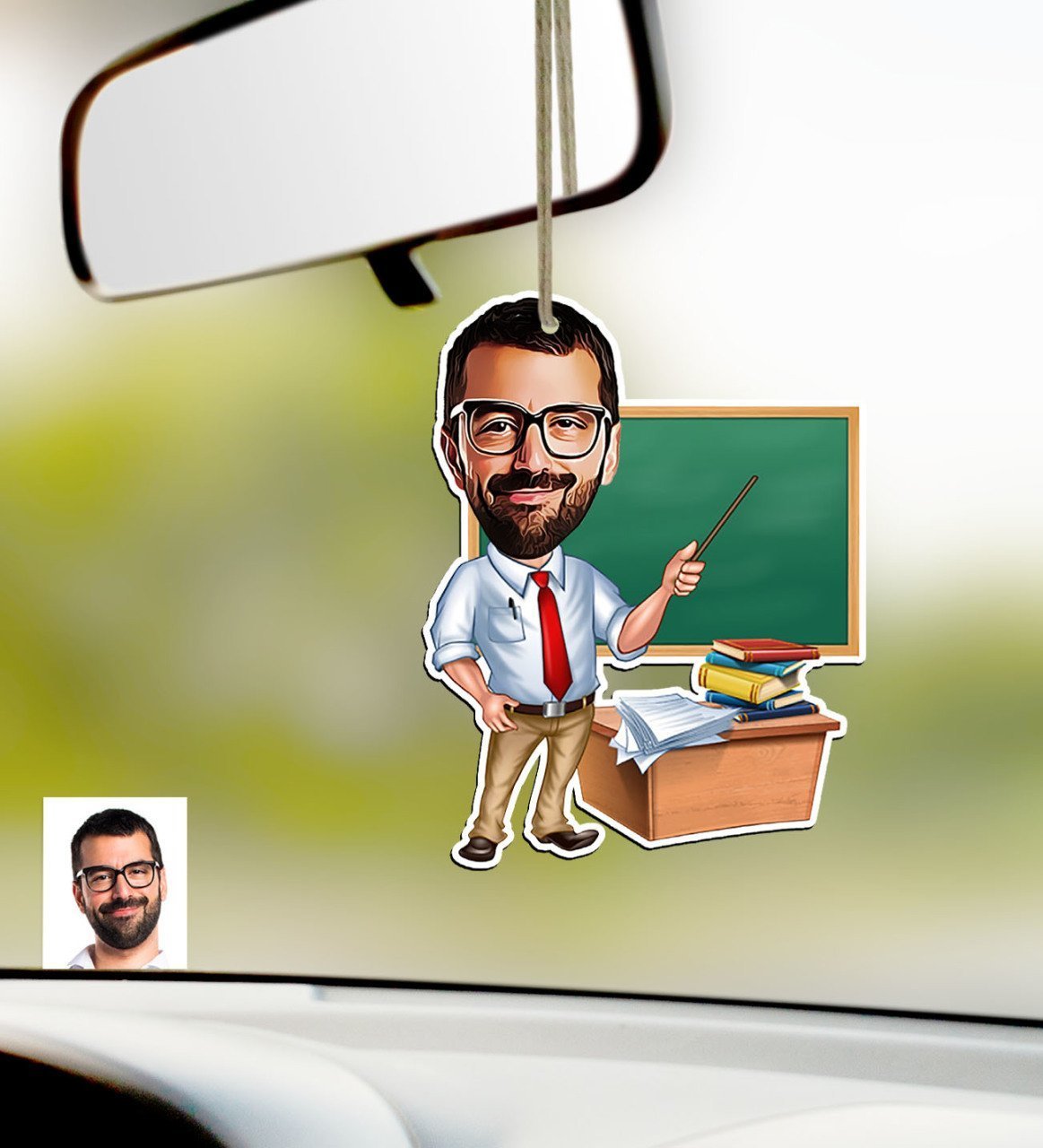 Kişiye Özel Bay Öğretmen Karikatürlü Ahşap Araba Dikiz Ayna Süsü