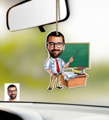 Kişiye Özel Bay Öğretmen Karikatürlü Ahşap Araba Dikiz Ayna Süsü
