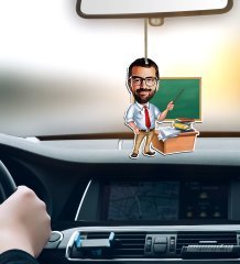 Kişiye Özel Bay Öğretmen Karikatürlü Ahşap Araba Dikiz Ayna Süsü
