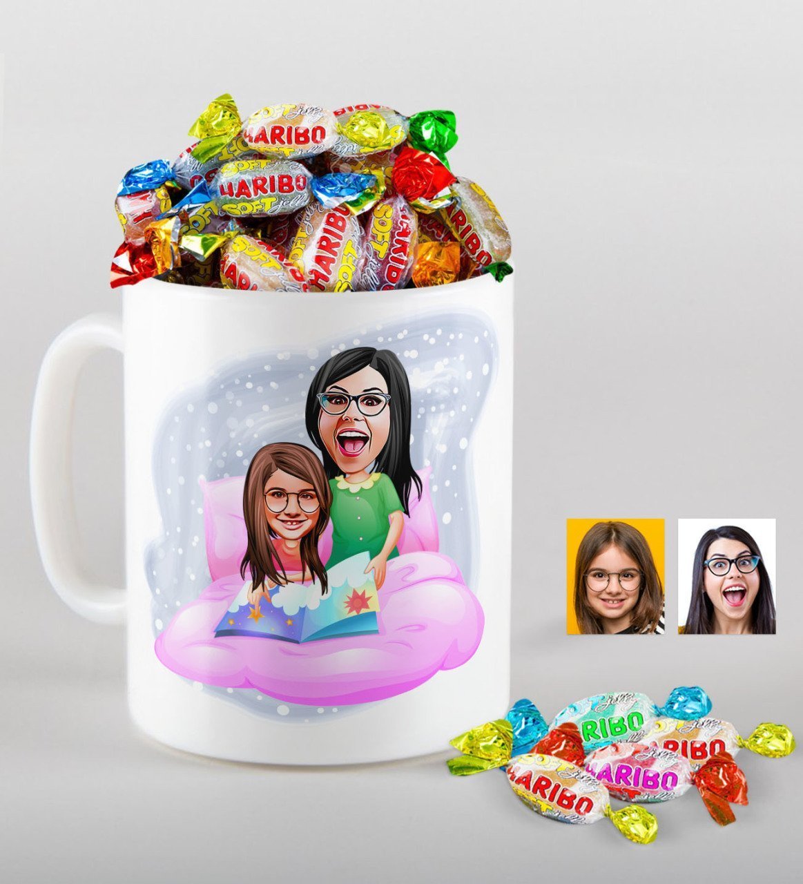 Kişiye Özel Anne Kız Karikatürlü Kupa ve Haribo Şeker Hediye Seti-3