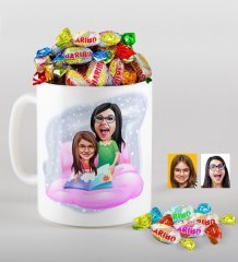 Kişiye Özel Anne Kız Karikatürlü Kupa ve Haribo Şeker Hediye Seti-3