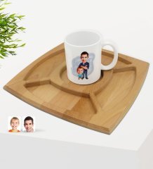 Kişiye Özel Baba Oğul Karikatürlü Beyaz Kupa ve Doğal Masif Ahşap 4 Bölmeli Sunum Tabağı Çerezlik Hediye Seti-2