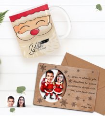 Kişiye Özel Happy New Year Kupa Bardak ve Retro Ahşap Yılbaşı Tebrik Kartı Hediye Seti-6E