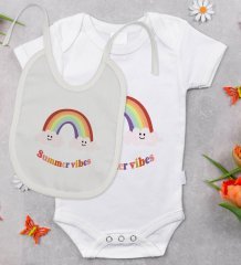 BK Kids Summer Vibes Tasarımlı Bebek Body Zıbın ve Mama Önlüğü Hediye Seti - Model 2