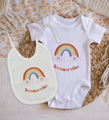BK Kids Summer Vibes Tasarımlı Bebek Body Zıbın ve Mama Önlüğü Hediye Seti - Model 2