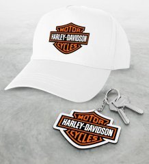Harley Davidson Beyaz Şapka ve Ahşap Anahtarlık Seti-7