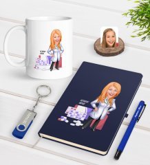 Kişiye Özel Kadın Eczacı Karikatürlü Lacivert Defter Kalem Kupa 32gb USB Bellek Hediye Seti-3