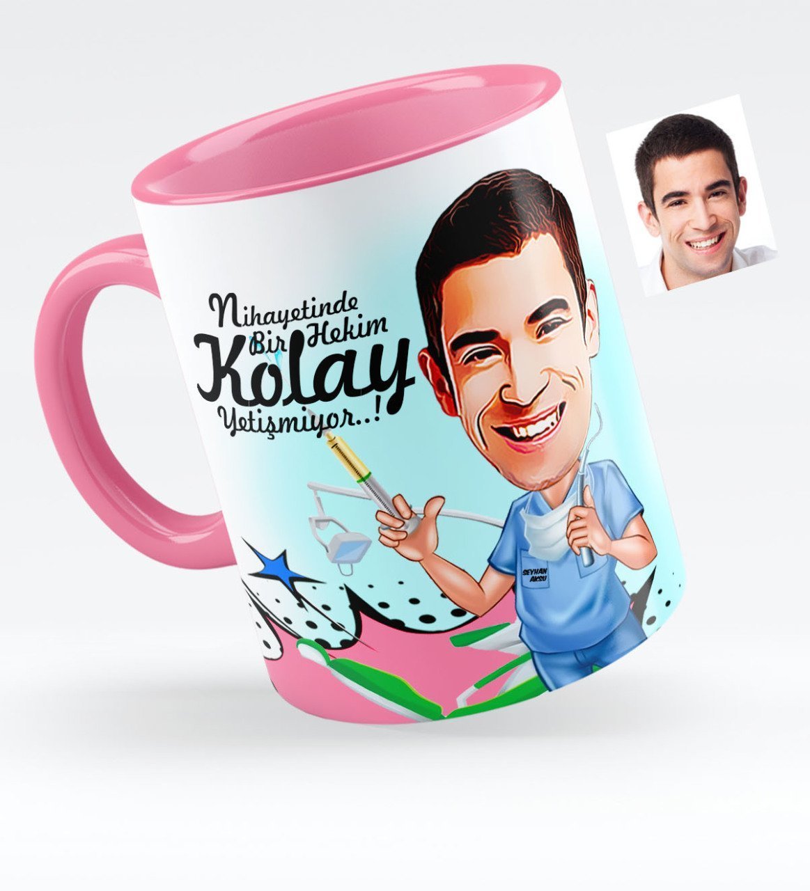 Kişiye Özel Bay Diş Hekimi Karikatürlü Pembe Kupa Bardak - 4