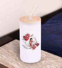 BK Gift İsimli Fotoğraflı Beyaz Renk Pipetli Buzlu Cam Bardak 600ml - 2, Arkadaşa Hediye, Doğum Günü Hediyesi
