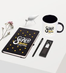 Kişiye Özel Süper Öğretmen Temalı Siyah Defter Kalem Anahtarlık Kupa Seti - 1