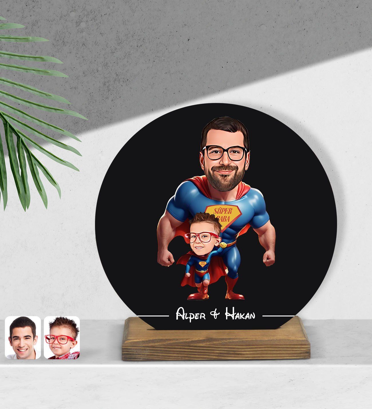BK Gift Kişiye Özel Süper Baba-Oğul Karikatürlü Yuvarlak Ahşap Biblo-1, Babalar Günü Hediyesi, Babaya Hediye